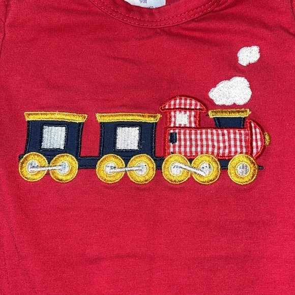 One piece red with train appliqué and Embroidery. 9 months - Picture 2 of 5